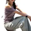 Camiseta de Verano Estilo Coreano sin Hombros de Manga Corta para Mujer, Corte Ajustado, Elegante, Ceñida a la Cintura, Adelgazante, Top Base sin Hombros