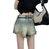 Jeans Vintage Desgastados con Dobladillo Crudo para Mujer, Shorts Rectos Delgados, Pantalones de Pierna Ancha Línea A Adelgazantes de Cintura Alta para Verano