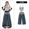 Roupas de Hip-Hop e Jazz para Meninas Verão Mostrando o Umbigo Macacão Jeans com Alças Roupas da Moda para Passarela Roupas de Jazz