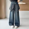 Calça Jeans Wide Leg de Retalhos Xadrez para Meninas, Calça Longa Casual Solta para Primavera e Outono, Estilo Moderno e Tendência para Meninas Mais Velhas