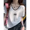 Camiseta de Algodão Puro com Decote V de Manga Curta Estilo Coreano Novo Verão 2026 para Mulheres, Top Versátil Jovem Estilo Casual Preguiçoso Tendência