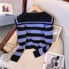 Foto Real~ Suéter de Punto Rayado Azul Marino para Mujer 2023 Nuevo Estilo Primavera Temprana Cuello en V Chic Francés Ajustado Estilo Chanel Capa Base