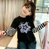 Roupa de Verão para Meninas: Camiseta Estampada Manga Longa Doce e Fofa, Top Patchwork Duas Peças de Verão para Crianças Maiores, Algodão Puro