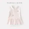 Vestido de Tricô Fino Sem Mangas de Verão para Bebês e Crianças Pequenas, Vestido-Colete Doce com Desenhos Estilo Coreano para Meninas