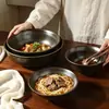 Bol Cerámico Negro Rosqueado Estilo Japonés Gran Capacidad Bol para Ramen Hogar Restaurante Bol para Sopa Resistente a Altas Temperaturas Vajilla Set Venta al por Mayor