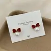Aretes de Corazón Rojo Ancora de Otoño e Invierno con Diamantes y Esmalte, Aguja de Plata, Diseño Exquisito de Nicho, Aretes Festivos para Mujer