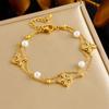 Pulsera geométrica de acero inoxidable con diamantes adhesivos transfronterizos de moda, flor de cuatro pétalos, cadena doble apilada, accesorios de perlas