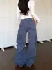 Pantalones cargo azules de trabajo franceses transfronterizos, pantalones rectos de carga multibolsillo retro americanos para hombre, jeans de pierna ancha lavados y desgastados de alta costura
