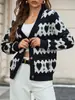 Suéter para Mujer de Comercio Exterior Transfronterizo, Elegante Cárdigan de Cuello V, Abrigo de Punto Jacquard de Manga Larga de Botones Sencillos con Patrón de Ola de Corazón