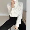 Camisa Elegante Estilo Francês Gola Alta Manga Longa cleanfit Textura Retrô Design Plissado Top Casual