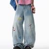 Comercio Transfronterizo Jeans de Pierna Ancha con Pedrería de Color Claro para Mujer, Otoño 2025 Nuevo Cintura Alta con Diseño Bordado, Rectos Adelgazantes