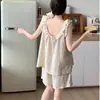 Pijama para Mujer 2025 Nuevo Verano Shorts de Tirantes Estilo Coreano Dulce Floral con Volantes Conjunto de Ropa para el Hogar