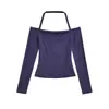 Camiseta Feminina Tendência e Sexy de Manga Longa com Gola Halter de Um Ombro, Camisa Base Curta Slim Fit para Primavera