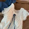 Conjunto de Pijama de Encaje de Lunares Azul Dulce y Pantalones Cortos para Mujer, Ropa de Casa de Verano, Directo de Fábrica