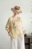 Camisa Bordada Estampada de Ramio Estilo Clásico para Mujer, Blusa Pullover Holgada de Mangas Tres Cuartos, Top de Verano Estilo Artístico Nacional