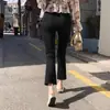 Jeans negros micro acampanados de cintura alta para mujer 2024 nuevo primavera y otoño nueve puntos otoño e invierno forrados de polar ocho puntos pequeños
