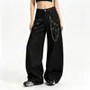 Calça Jeans Retro Americana Leve Cyberpunk Lâmina Curva Masculina Feminina Solta Perna Larga Baggy Peso Pesado Decoração de Corrente