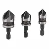 Herramienta de Chaflán de Cinco Hojas con Vástago Hexagonal de 3 Piezas Abreagujeros de 90 Grados Herramienta de Desbarbado para Carpintería Broca de Chaflán