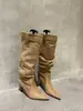 Primeiro Encontro Temporada Estilo Europeu e Americano Bico Fino Salto Alto Botas Sexy Plissadas Acima do Joelho Outono e Inverno Fivela de Cinto Camurça Elegante Botas que Aumentam a Altura