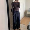 Pantalones Rectos Sueltos de Lino Azul Marino Finos de Verano para Mujer, Versátiles Pantalones Estrechos de Pierna Ancha Adelgazantes para Mujer