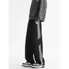 Calça de Moletom Cinza Masculina Primavera e Outono Listrada Americana de Perna Larga Pesada Marca Tendência Esportiva Solta Reta Casual Longa