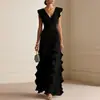 Ropa de Verano para Mujer 2026 Transfronteriza Europea y Americana Nuevo Estilo Elegante Color Sólido Cuello en V Cintura Ceñida Vestido con Volantes