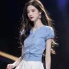 Blusa Bonita de Verano Verde de Moda Estilo Francés, Top Elegante de Manga Corta, Camisa Chic para Mujer que Ceñe la Cintura, de Alta Gama y Impresionante