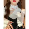 Camiseta Base de Cuello Medio Alto para Mujer Primavera Otoño Invierno 2025 Nuevo de Primavera Gris Ajustada de Alta Calidad Top con Volantes de Madera