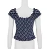 Estilo Chica de Ballet Francés Retro Nicho Cuadros Volantes Mangas Abullonadas Top Sexy Cuello en V Adelgazante Camiseta Europeo Americano