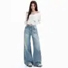 Jeans anchos para mujer, diseño juvenil naranja # Lavado, arrugado, desgastado, corte holgado, adelgazantes, modernos, únicos, versátiles, de pierna recta