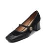 Sapatos de couro Mary Jane com textura retrô estilo Hong Kong, costura em pele de cabra, fivela dourada pequena, salto alto grosso, bico quadrado, primavera 2024