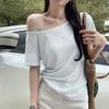 Playera a Rayas con Algodón para Mujer, Estilo Lazy, Playera Azul a Rayas con Hombros Descubiertos y Manga Corta para Mujer, Top de Verano Ajustado Dulce y Picante con Hombros Descubiertos