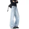 Jeans flare azul gelo high street com vibe americana para homens, calça versátil de corte reto slim fit, tendência de outono, calça curva
