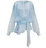 Vestido de Chiffon Plissado Estilo Francês Transfronteiriço com Amarração na Cintura e Mangas Bufantes Design com Fita Estilo Festa para Mulheres Vestido Curto de Verão
