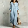 Comércio Exterior Transfronteiriço Europeu e Americano Amazon Vestido Feminino Casual de Algodão e Linho com Bolso, Gola Redonda e Manga Longa, Lançamento Verão 2026