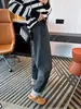 ¡Forma de pera, imperdible!~Pantalones casuales de hoja curva de lana de seda cálida para mujer, nuevos de otoño e invierno, engrosados de terciopelo, sueltos, de pierna ancha, largos