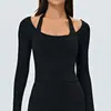 Top de yoga transfronterizo con cuello en U grande, cubretop de manga larga de alta gama ajustado, camiseta corta de fitness para correr y entrenamiento