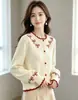 Blusa de tricô com gola redonda, manga longa, jacquard com laço, estilo europeu e americano, novo suéter cardigã de outono e inverno, caimento solto para mulheres