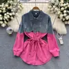 Transfronterizo Transfronterizo Estilo Ligeramente Maduro Manga Larga Verano Mujer Mezclilla Costura Contraste Cintura Temperamento Camisa Corta