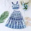 Conjunto de Camisola e Saia Longa Estilo Chinês Azul e Branco com Estampa de Porcelana para Meninas, Peça Dupla Vintage para Férias e Uso Casual de Meninas
