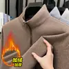 Suéter Meia-Zip com Forro de Fleece, Tricô Pesado de Inverno Masculino Chenille Espesso com Gola Alta, Pulôver Cor Sólida