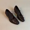 Versión de Piel de Oveja Primavera Nueva Estilo Francés Silencioso Retro Moño Punta Cuadrada Mary Jane Zapatos de Tacón Medio-Alto Piel Genuina para Mujer