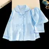 Conjunto de ropa de casa para niños con cuello de solapa, adecuado para primavera y otoño, fino y ligero, cárdigan de manga larga, estilo coreano, pijama de algodón con estampado de nubes para niñas