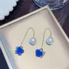 Aretes Largos de Perla con Borla de Flor de Zircón Azul Dos Formas de Usar Adelgazantes Elegantes Versátiles Pendientes de Lujo Ligero