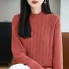 Suéter de algodão puro com tricô em relevo, gola redonda, estilo casual para mulheres, outono e inverno, modelador, elegante, rejuvenescedor, espessado, quente, suéter de base