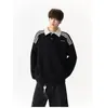 Moletom com Gola Polo Estilo College de Listras Americanas Masculino Marca da Moda Caimento Relaxado Roupa Jovem Versátil Manga Longa Outono