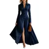 Comércio Exterior Transfronteiriço Verão Europeu e Americano Novo Estilo Vestido Camisa Feminino de Manga Longa com Gola Reversível, Botões, Cintura Marcada e Saia Longa Elegante