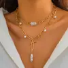 Joyería Transfronteriza Europea y Americana, Elegantes Accesorios de Cadena de Perlas para Mujer, Collar de Corazón Calado Geométrico de Doble Capa de Perlas