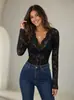 Bestseller transfronterizo europeo y americano: Body de encaje transparente con escote en V profundo y manga larga para mujer, elástico, ajustado, sexy, camisa base de encaje