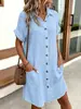 Ropa de mujer transfronteriza: Vestido camisa de manga corta enrollada, de un solo pecho, con cuello y textura, bolsillos grandes, vestido midi casual holgado